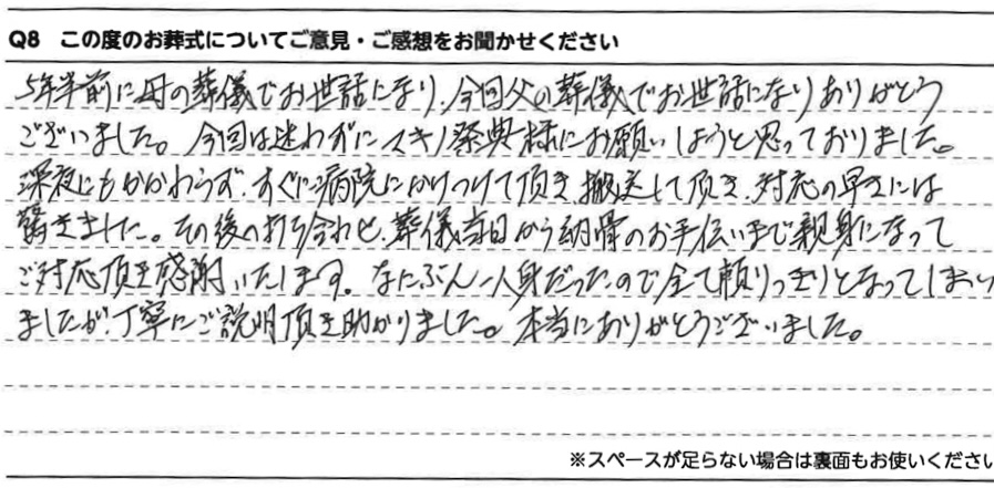 打合せ・葬儀当日から納骨のお手伝いまで親身になってご対応いただき感謝いたします。