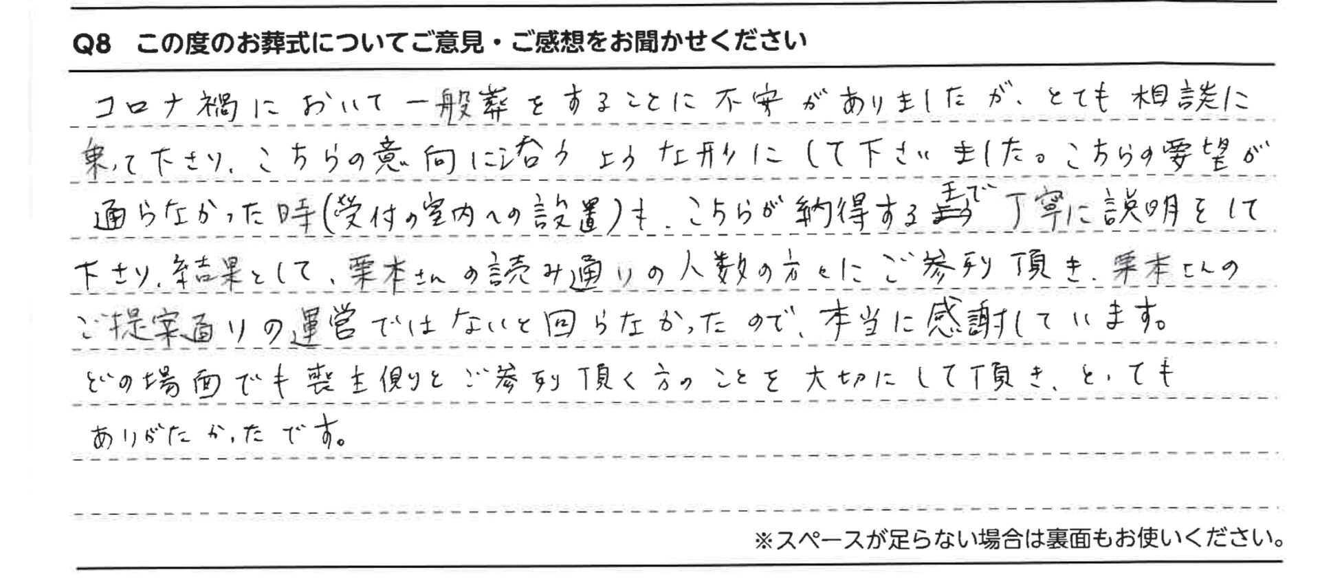 どの場面でも喪主側とご参列頂く方の事を大切にして頂き、とってもありがたかったです。