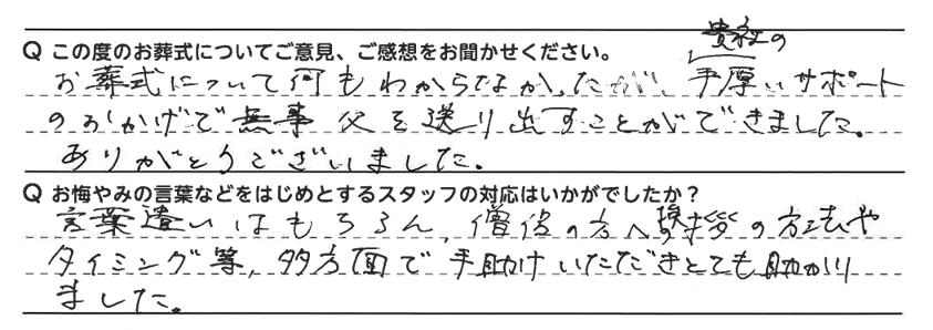手厚いサポートのおかげで無事父を送り出すことができました。
